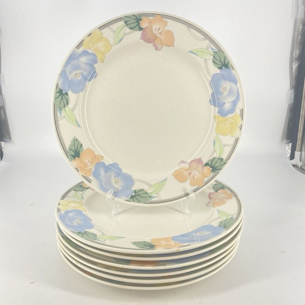 Set of 7 Mikasa Intaglio Garden Poetry Dinner Plates Floral Japan 11 1/8”